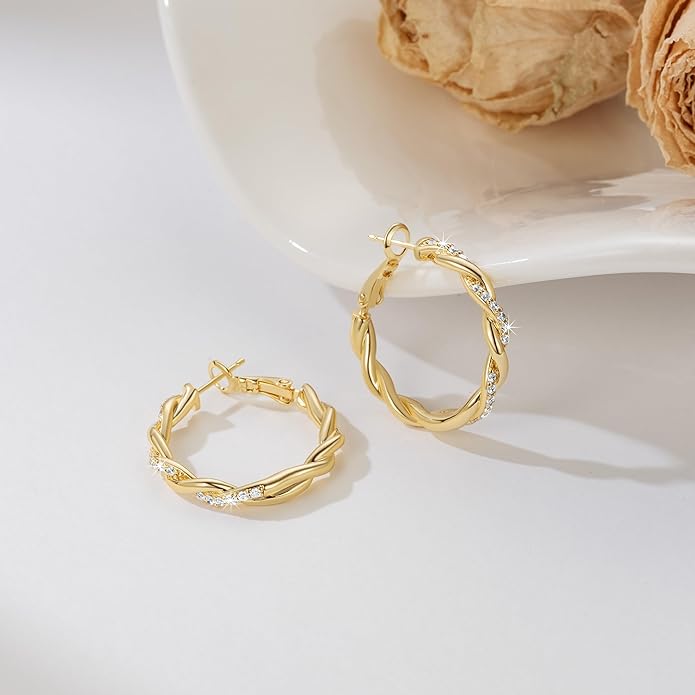 ENROSE Gold Plated Hoop Earrings 14K Gold Plated Earring for Women Twisted Large Hoop Earrings Minimalist Diamond Earring Jewelry 29mm*4mm
