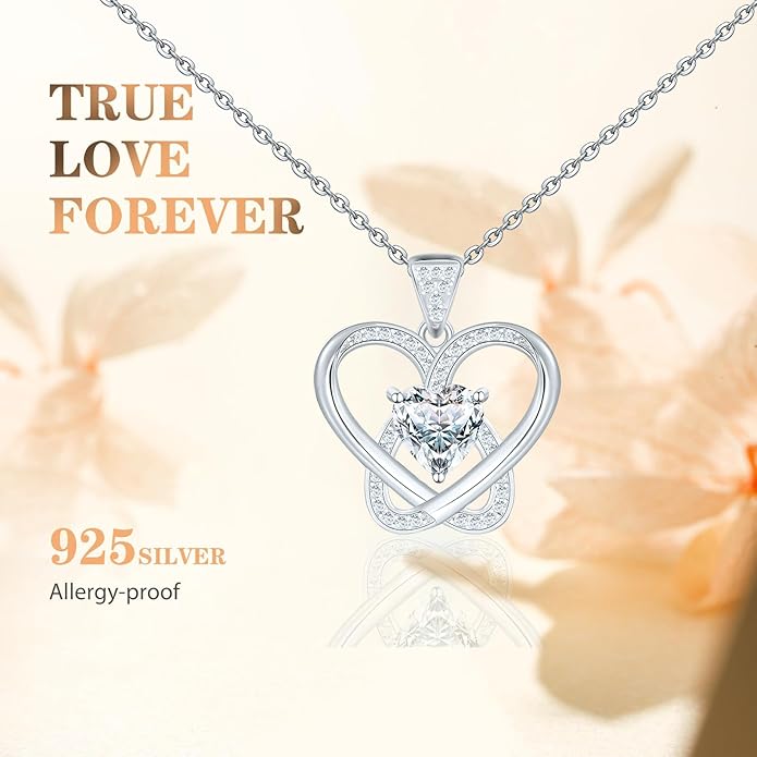Yuelove Infinity Necklace for Women, 925 Sterling Silver Heart Necklace with 5A Zircon, White Gold Plated Adjustable Chain, Gift for Valentine's Day, Birthday, Anniversary for Wife, Girlfriend, Mom