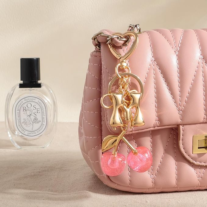 Snycler Bubble Initial Keychain with Cherry & Bow - Gold Letter Bag Charms for Women, Cute Purse Handbag Accessories