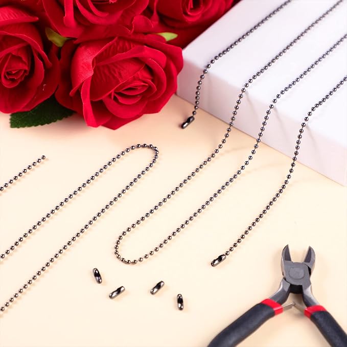Mudder 65 ft Ball Necklace Chains, 2. 4mm Bead Link Dog Tag Chain Roll with 40 Ball Connectors and Plier for Necklace Hanging Ornament Key Chain Dog Pet Tags(Black)