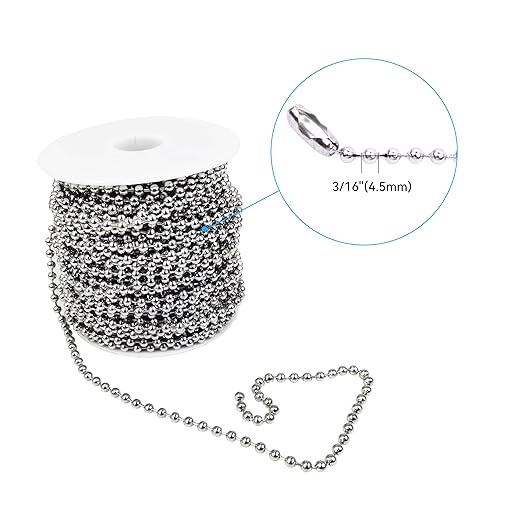 HFS(R) Ball Chain Spool Stainless Steel 304 Bead Chain with 100 Clasps for DIY Projects 100 Feet 3/16" (4.5mm) Diameter