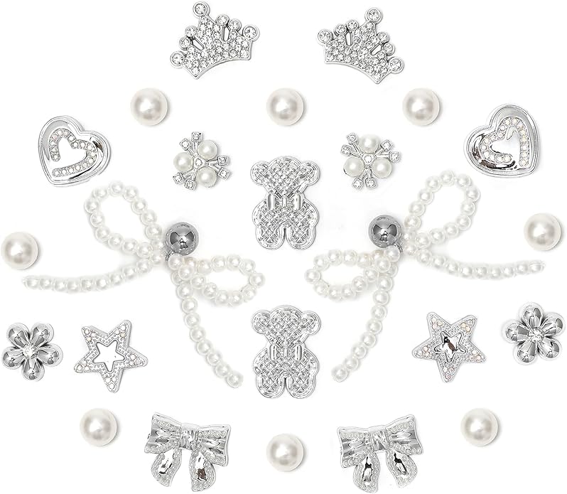 24Pcs Bling Pearl Bow Shoe Charms for Clog Sandals Women, Bear, Flower, Pearl Accessories, DIY Shoe Decoration Charms for Girls