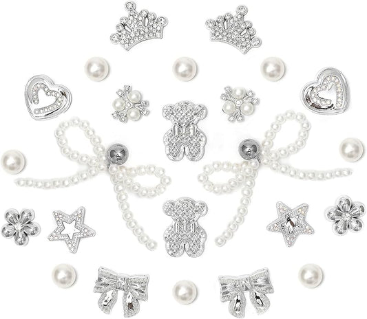 24Pcs Bling Pearl Bow Shoe Charms for Clog Sandals Women, Bear, Flower, Pearl Accessories, DIY Shoe Decoration Charms for Girls