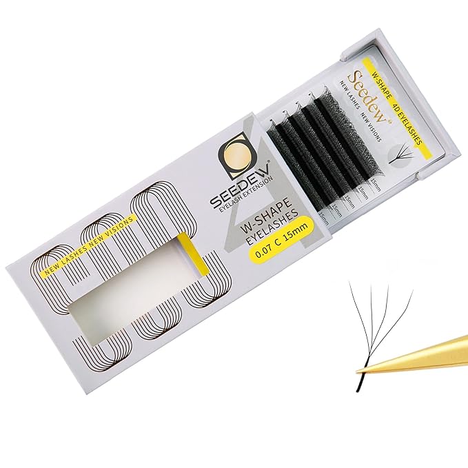 SEEDEW 4D Lash Extensions, 0.07mm C Curl 15mm 12 Rows/Tray, W Shape Flat Stem, Korean PBT Volume False Eyelashes Grafting for Beginner Artist, Lash Tech, Beauty Salon(4D-Matte Black-0.07-C-15mm)