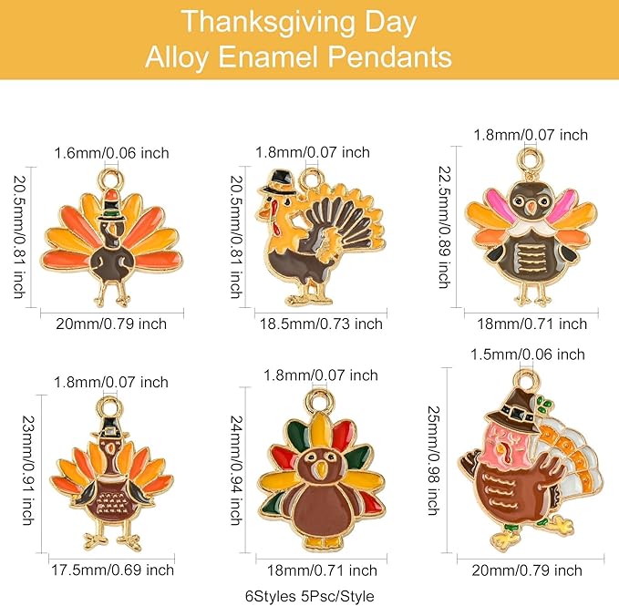 Stiesy 30 Pcs 6 Styles Enamel Assorted Turkey Charms Golden Color Thanksgiving Day Alloy Metal Charms Pendants Bulk for Bracelets Necklace Earring Jewelry Making DIY Craft
