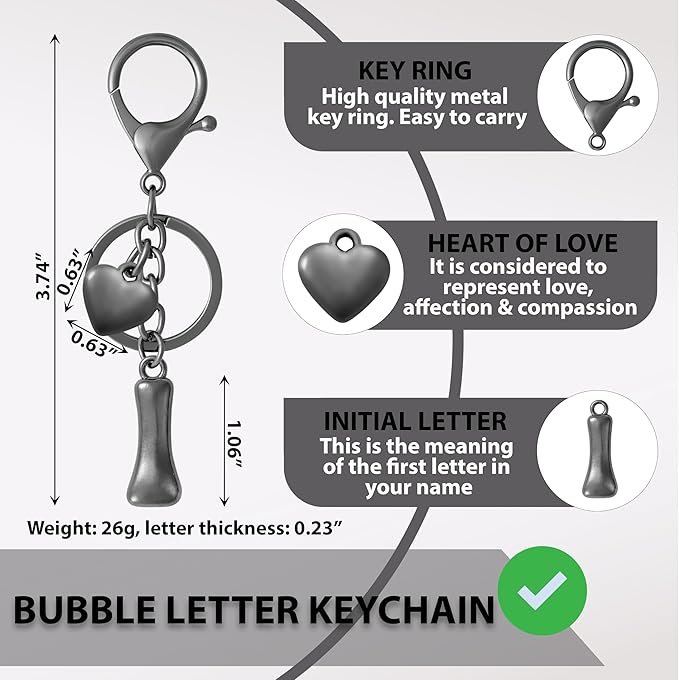 Heart Bubble Letter Keychain for Women, Girls - Cute Keychain with Initial - Alphabet Keychain for Bag Charm, Handbag
