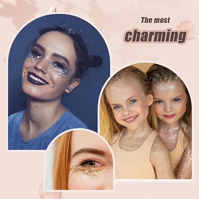 Face Body Glitter, Hair Glitter Sparkles Chunky Face Glitter Gel for Girls Makeup Singer Concerts Mermaid Festival Sequins, 10 Colors(White+Silver+Gold+Pink+Blue+Purple+Red+Light Blue+Green+Rose)