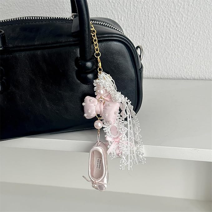 Cute And Fashionable Ballet Shoe Keychain, Suitable For Shoulder Bags, Wallets, Lace Shoulder Bag Charms (Black)