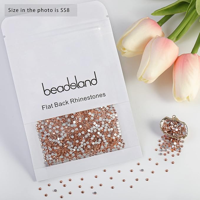 beadsland Flat Back Crystal Rhinestones Round Gems for Nail Art and Craft Glue Fix, Champagne (2.3-2.5mm) SS8/1440pcs