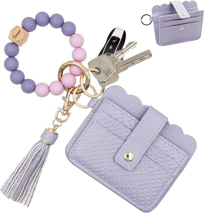 Keychain Wallet Wristlet Small Credit Card Holder Bracelet Key Chain Purse Bangle Tassel Beads Key Rings for Women