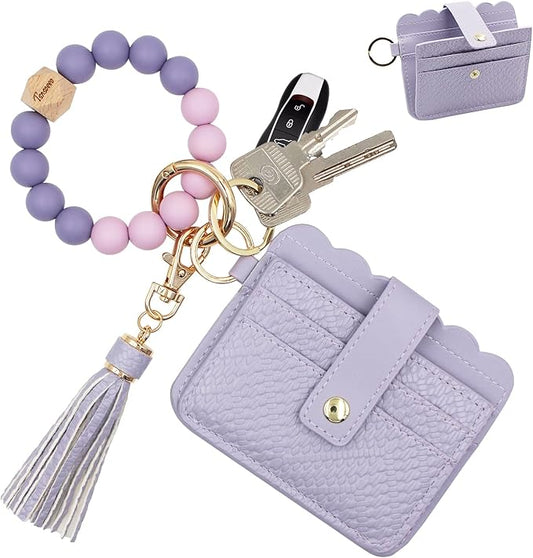 Keychain Wallet Wristlet Small Credit Card Holder Bracelet Key Chain Purse Bangle Tassel Beads Key Rings for Women