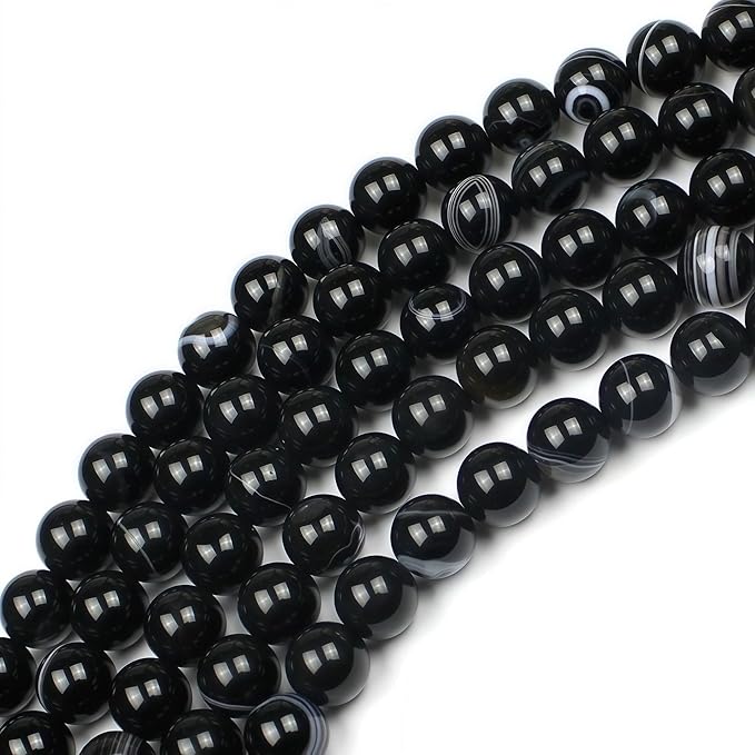 MJDCB Natural Black Striped Agate Round Loose Beads for Jewelry Making DIY Bracelet Necklace (6mm)