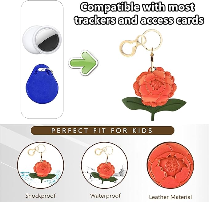 Leather Keychain Holder Case Compatible with AirTag,Cute Protective Apple Air Tag Cover with Keychain Ring,Anti-Scratch Finder GPS Tracker Case for Wallet Keys,Bag,Pets(Red Peony)