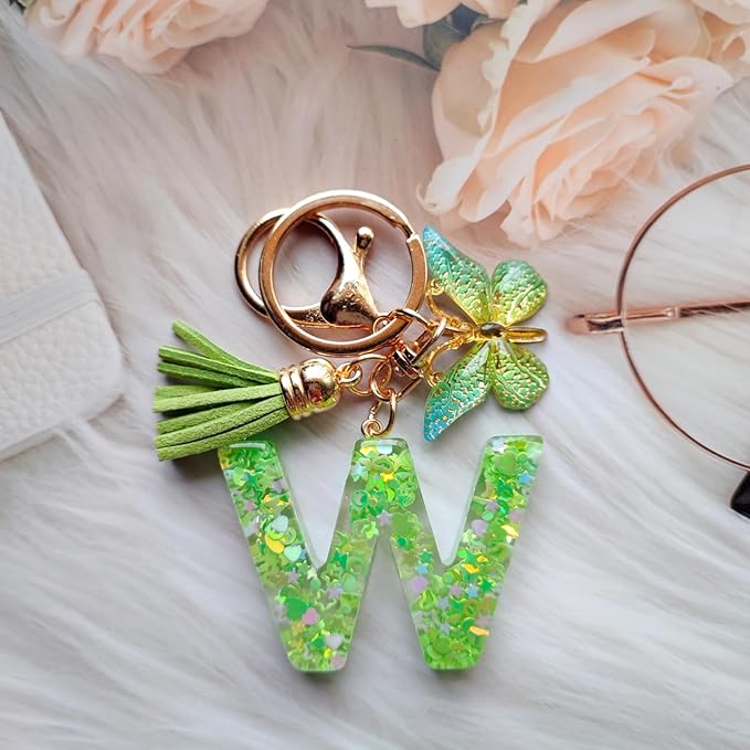 Cute Initial Letter Keychains for Women Girls Tassel Butterfly Pink Purple Green Keychain for Backpack School Bag