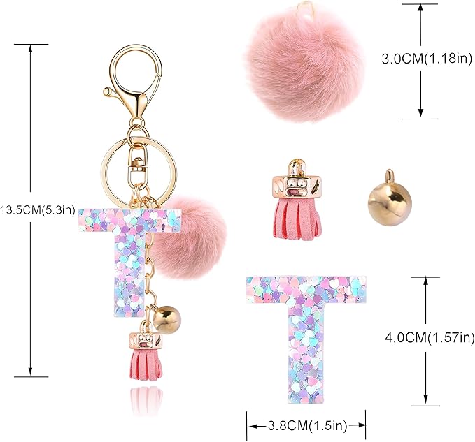 Resin Alphabet Initial Letter Keychain Keyring for Women Purse Handbags With Fur Ball Pom