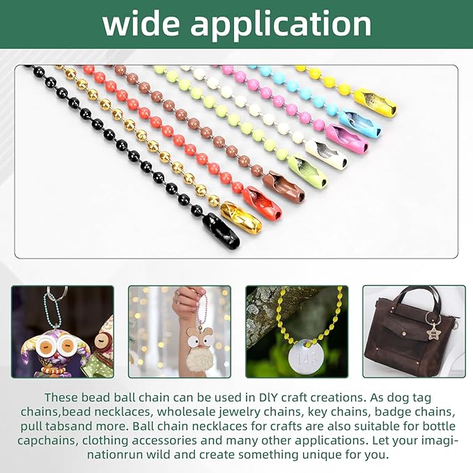 300Pcs 20 Colors Ball Bead Chain Ball Chain Keychain Dog Tag Necklace Chains Beaded Metal Keychain 2.4mm Beads Chains for Jewelry Making