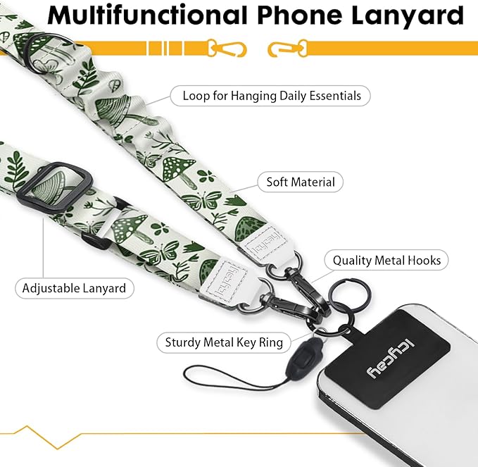 Phone Lanyard Crossbody, Mushroom Cell Phone Strap for Around The Neck Adjustable, Anti Theft Cute Lanyard for iPhone Case ID Holder Keys Accessories Travel Essential