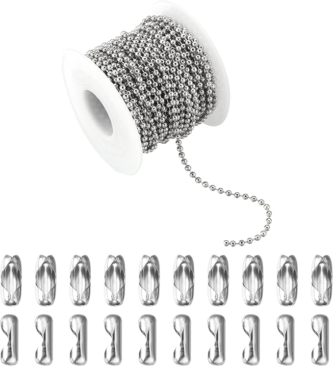 33Feet Ball Bead Chain Stainless Steel Dog Tag Chain with Matching Connectors for Jewelry Making Necklace Hanging Bracelets Keychain(2.4mm)