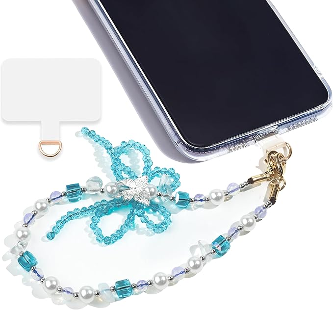 Marble Beaded Phone Wrist Strap,Detachable Phone Bracelet Strap with Tether Tab,Hands-Free Wristlet Strap (Blue & White)