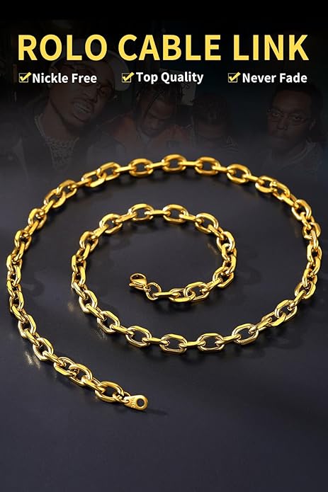 ChainsHouse Stainless Steel Cable Chain Necklaces for Men Women, 3mm/5mm/7mm/9mm/12mm 18K Gold/Black Plated Mens Cable Link Chains, 18"-30" Length - Send Gift Box