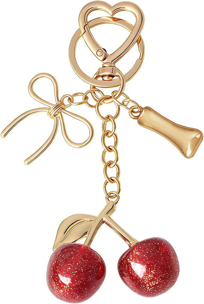 Snycler Bubble Initial Keychain with Cherry & Bow - Gold Letter Bag Charms for Women, Cute Purse Handbag Accessories