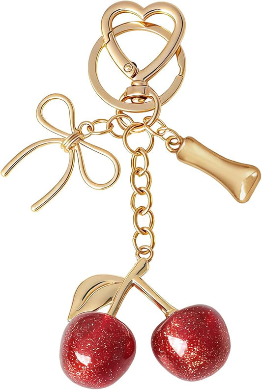 Snycler Bubble Initial Keychain with Cherry & Bow - Gold Letter Bag Charms for Women, Cute Purse Handbag Accessories