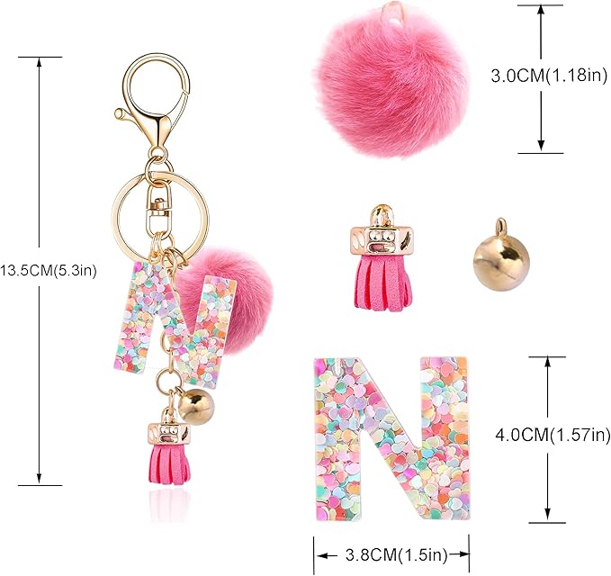 Resin Alphabet Initial Letter Keychain Keyring for Women Purse Handbags With Fur Ball Pom