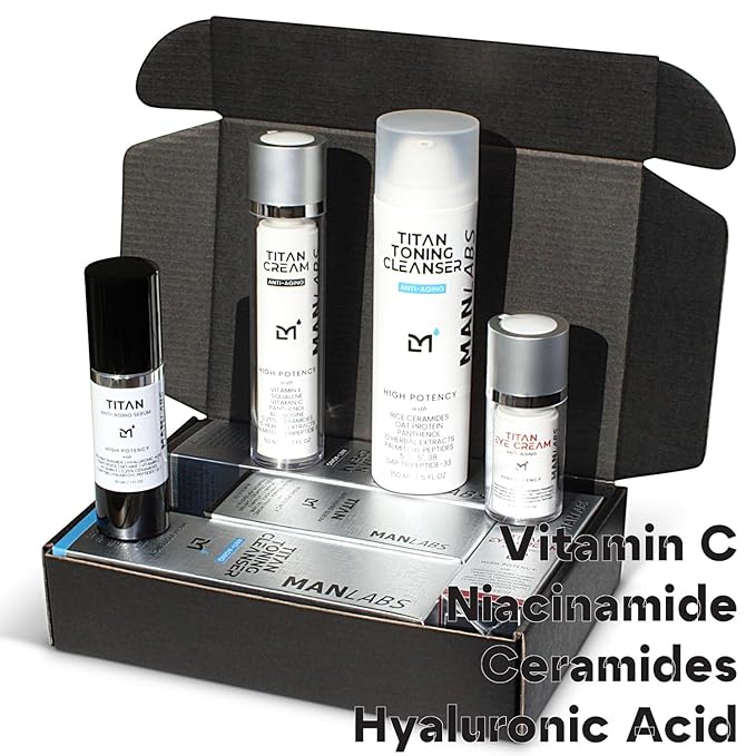 Man Labs Titan Sports Anti-Aging Mens Skin Care Kit – Cleanser, Face Serum, Eye Cream, Face Moisturizer – Men, Skin Care Set – Dark Circles, Wrinkles, Fine Lines – Vitamin C, Niacinamide, HA–Unscented