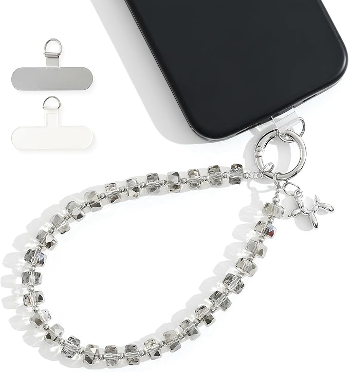 Crystal Phone Wrist Strap Phone Charm Chain Keychain Beaded Cellphone Lanyard with Tether Tab Hands-Free Wristlet Bracelet Wrist Grip Strap for Women, W-Gray