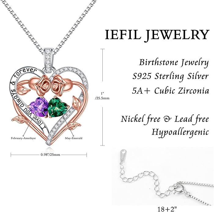Iefil Valentines Gifts for Her Wife Women - Rose Heart Double Birthstone Necklace Gift for Wife Girlfriend Her Women, Birthstone Jewelry Gemstone Birthday Gifts for Mom Grandma Her