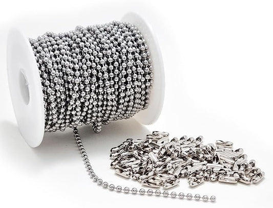 55 Feet – 3.2mm Ball Chain with 100 Connectors, Stainless Steel Roll for Dog Tags, Jewelry Making, Keychains, Fan Pulls, DIY Crafts