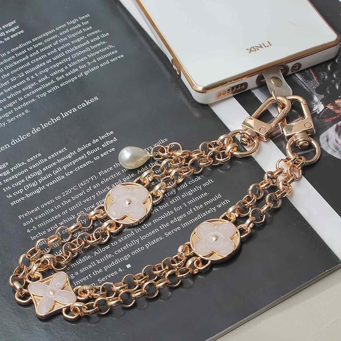 Pearl Beaded Phone Charm Wrist Strap,Cute Bracelet Wristlet Lanyard,Gold Double Chain for Phone Case,Purse Bag Wallet