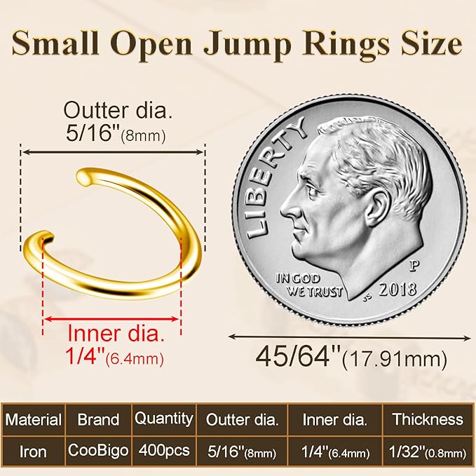400pcs 5/16" Gold Small Jump Rings for Jewelry Making Replacement, Open Jump Ring Metal Jewelry Findings for Bracelets Necklaces Earrings Keychains Connectors Loops Repair Hardware
