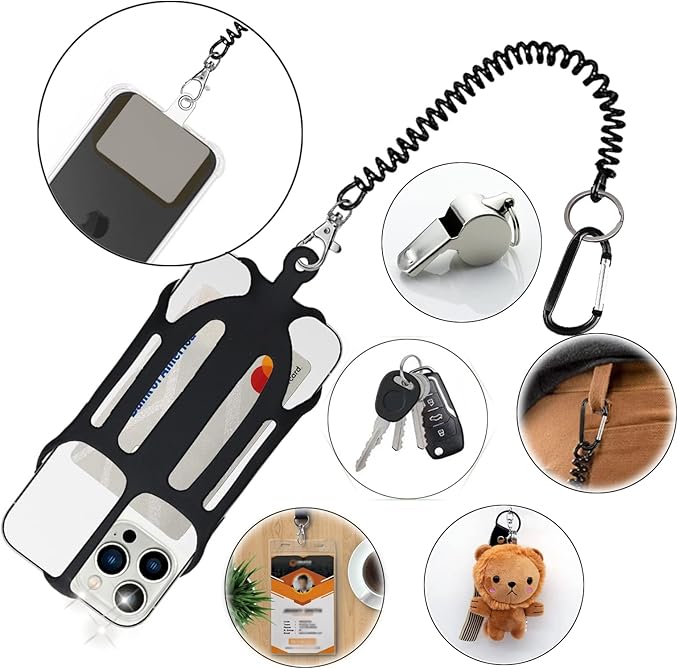 Phone Tether with 2 Patch and Silicone Phone Holder,2 in 1 iPhone Lanyard Tether with Carabiner Clip for Anti-Drop,Fits Most Cell Phones (Black)
