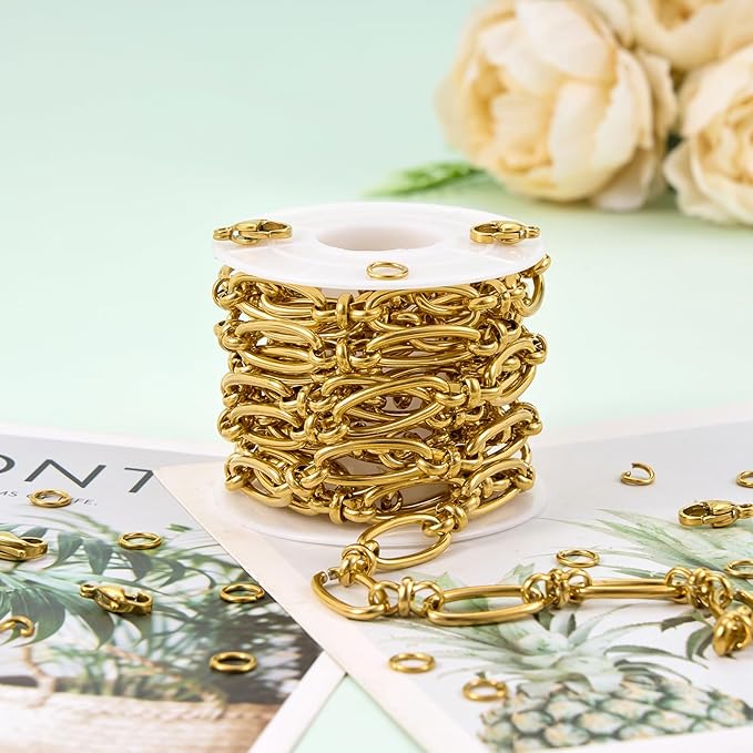 2 Meters Gold Plated Jewelry Making Chain Stainless Steel Long Oval Link Chains Bulk with Jump Rings and Lobster Clasps