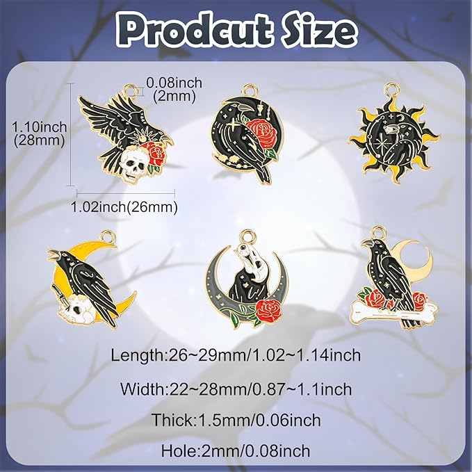 Stiesy 30 Pcs 6 Styles Gothic Black Crow Charms with Skull Sun Moon Enamel Raven with Red Rose Dangle Charm Pendant Bulk for Jewelry Making DIY Bracelet Crafting