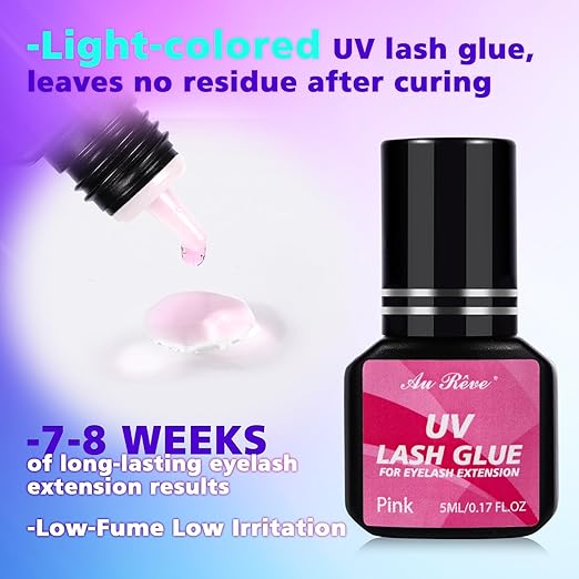 UV Eyelash Glue UV Glue 5ml DIY Lash Extensions 1 Sec Light Curing Fast-Drying 7-8 Weeks Long Lasting Waterproof Professional Use Only (Pink)