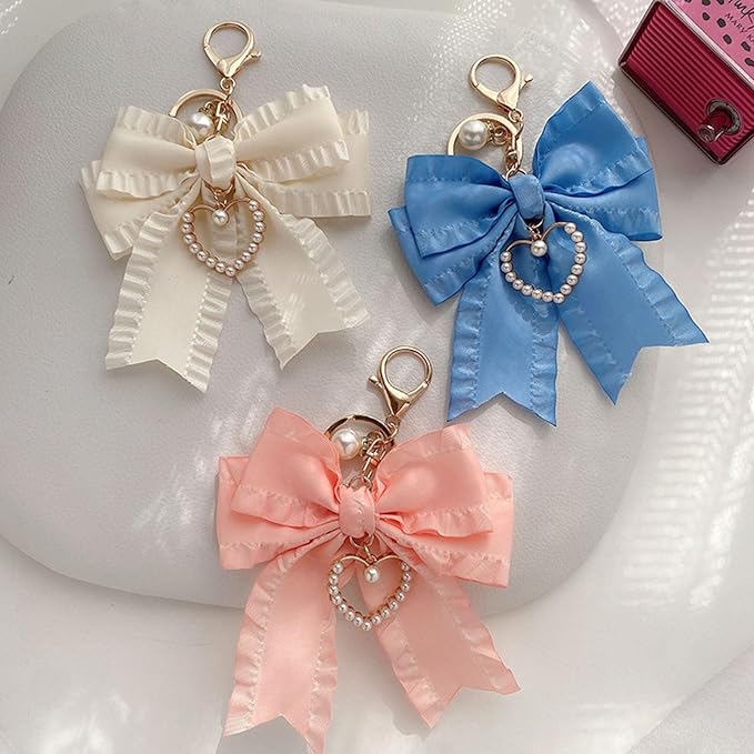 Ribbon Bowknot Bag Charms, Cute Pearl Heart Keyring Holder Purse Hanging Decorations Bag Handbag Pendant