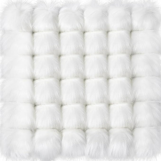 Tatuo 36 Pcs Faux Fur Pom Poms for Hat 4 Inches Large Fluffy Pom Balls for Crafts Knitting Beanies Shoes Scarves Bag Pompoms Keychain Charms Winter DIY Accessories (White)
