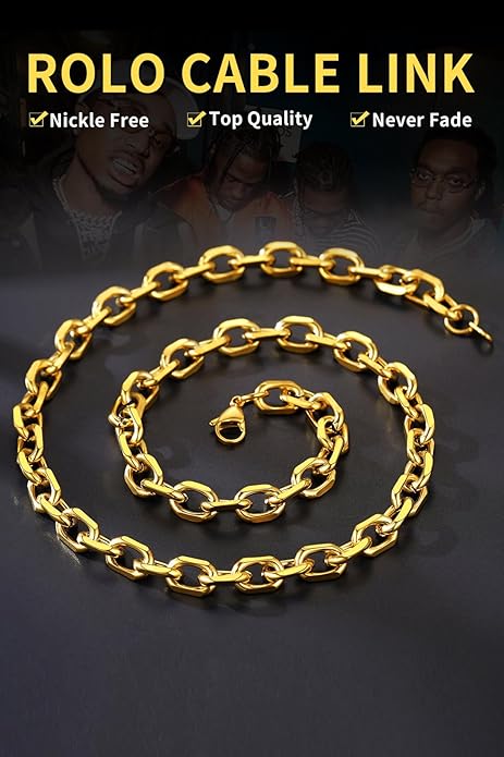 ChainsHouse Stainless Steel Cable Chain Necklaces for Men Women, 3mm/5mm/7mm/9mm/12mm 18K Gold/Black Plated Mens Cable Link Chains, 18"-30" Length - Send Gift Box