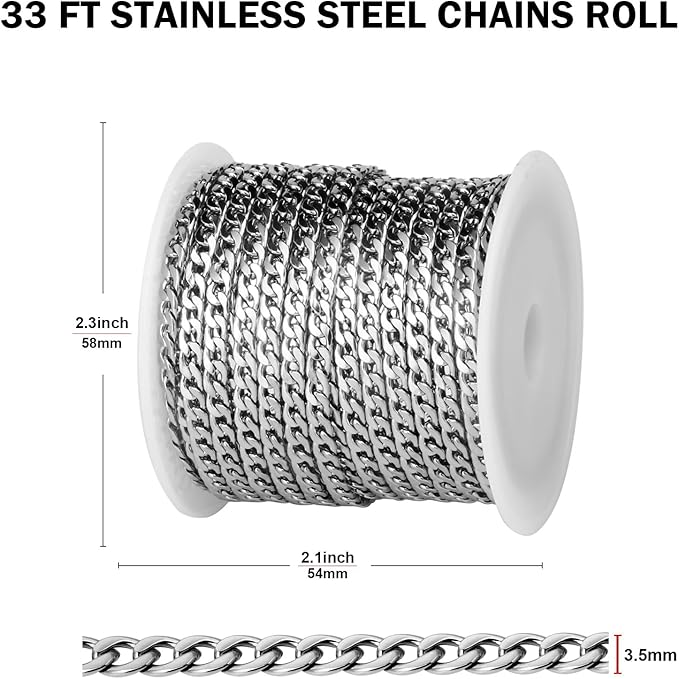 [33FT] Stainless Steel Curb Chains for Jewelry Making, 3.5mm Wide 304 Stainless Steel Cuban Link Chain Roll Bulk for DIY Jewelry Making Craft