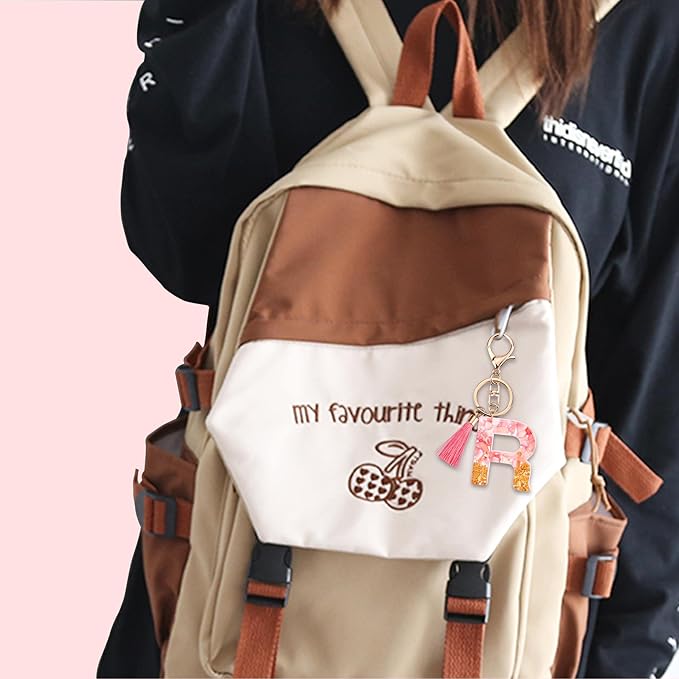 Suweibuke Cute Pink Key Chains for Women Girls, Initial Letter Keychains with Tassel, Charms for Key Purse Handbags Backpacks
