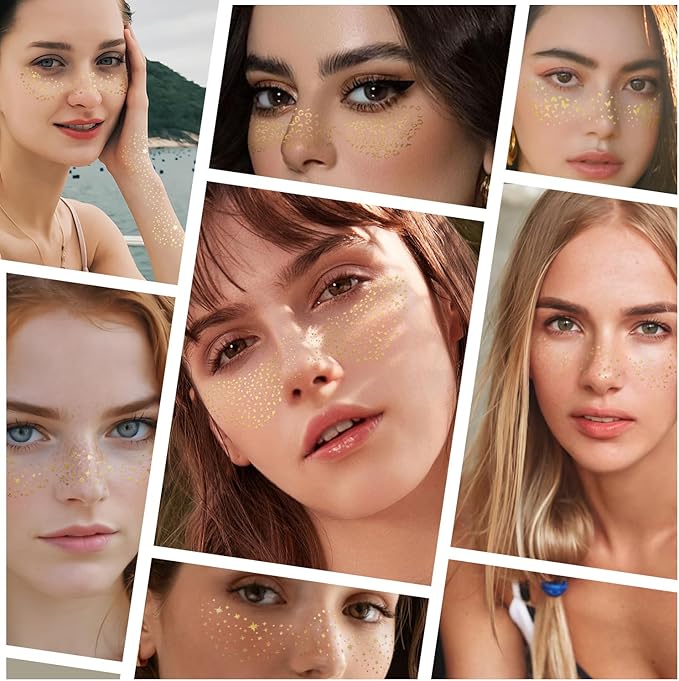 10 PCS Gold Glitter Freckles Face Tattoo Sparkles Makeup Patches Stickers for Women Girls Fairy Rave Festival Trinkets Accessories