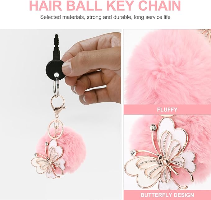 SUPVOX Diamond-encrusted Fur Ball Key Chain Pendant Butterfly Charm Pink Fuzzy Ball Key Ring for Bags Car Lightweight Creative Accessory