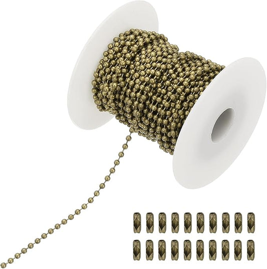 PATIKIL 10m/32.8ft Beaded Ball Chain, 2mm Stainless Steel Pull Chain Extension with 20 Pcs Connectors for Tag Chain, Keychain Rings, DIY Crafts, Bronze