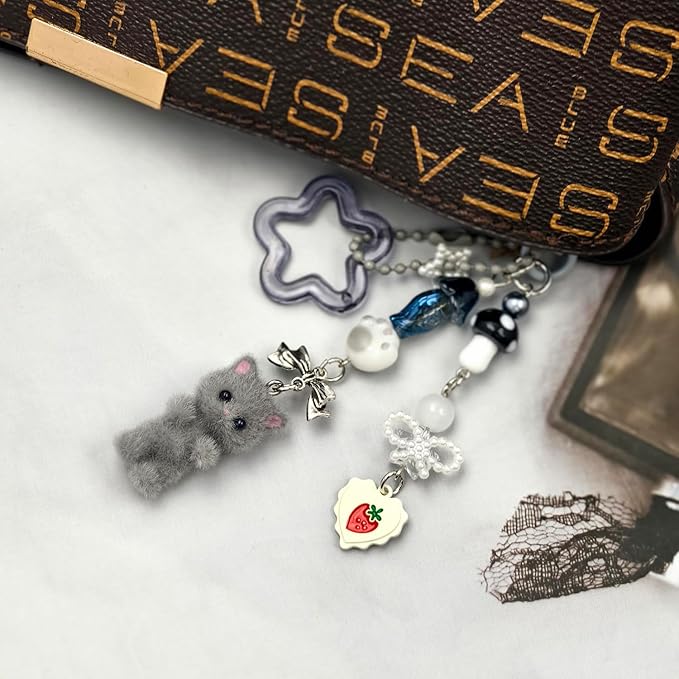 Cute Cat Keychain, Y2K Heart Bow Pendant, Kawaii Cat Bag Charm