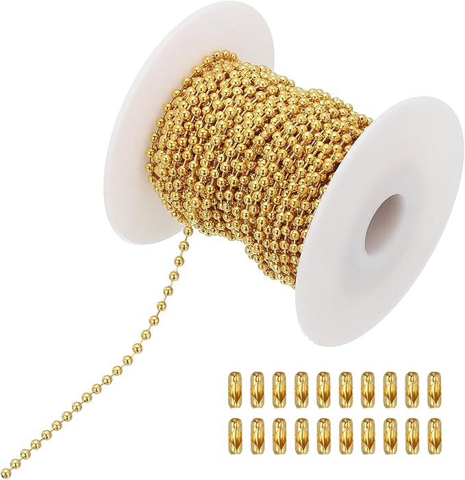 PATIKIL 10m/32.8ft Beaded Ball Chain, 2mm Stainless Steel Pull Chain Extension with 20 Pcs Connectors for Tag Chain, Keychain Rings, DIY Crafts, Golden