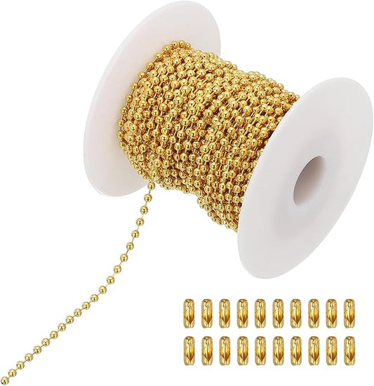 PATIKIL 10m/32.8ft Beaded Ball Chain, 2.4mm Stainless Steel Pull Chain Extension with 20 Pcs Connectors for Tag Chain, Keychain Rings, DIY Crafts, Golden