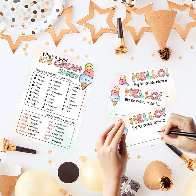 What's Your Ice Cream Name Game Set,Birthday Party Games for Kids and Adults,ICES Creams Party Decorations, Fun Summer Activity,1 Ice Cream Name Game Double Sided Sign and 30 Stickers,5x7 Inch