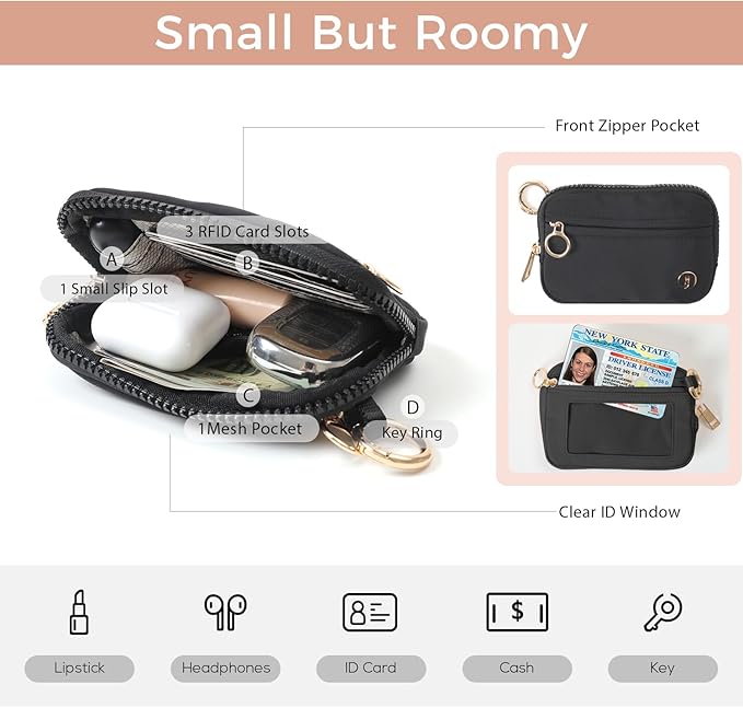 Wristlet Keychain Wallets for Women RFID Blocking Credit Card Holder Small Zipper Coin Purse Change Pouch with ID Window and Detachable Wrist Strap Purple